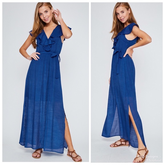 ❤️LAST 1! Royal Blue Ruffled Neckline Maxi Dress - Picture 6 of 6
